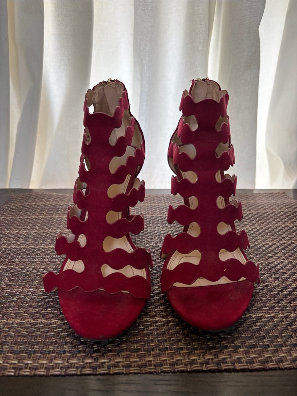 Kelly & Katie Wine Red Scalloped Strappy Heels